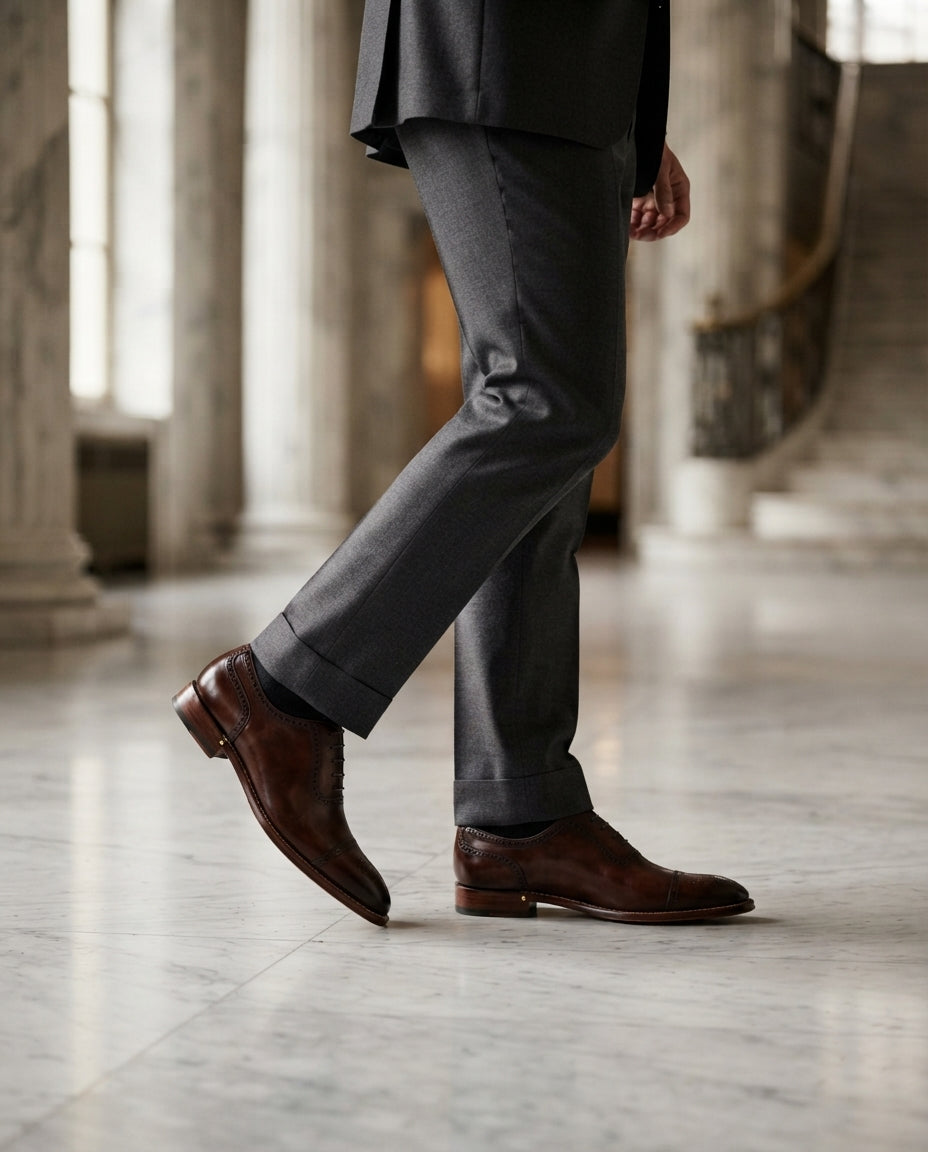 Brown Patina Calf Libeccio Whole Cut Oxford with Natural Leather Sole – lifestyle