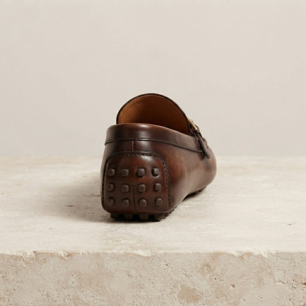 Height Increasing Brown Patina Calf Ponente Driving Shoe with Pebble Rubber Sole - 3 Inch Hidden Heel – heel view
