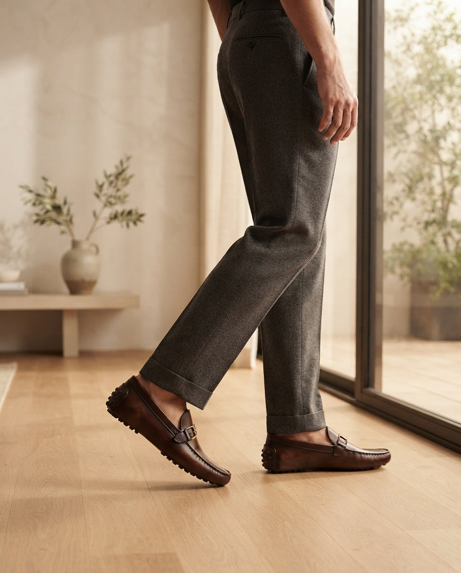 Height Increasing Brown Patina Calf Ponente Driving Shoe with Pebble Rubber Sole - 3 Inch Hidden Heel – lifestyle