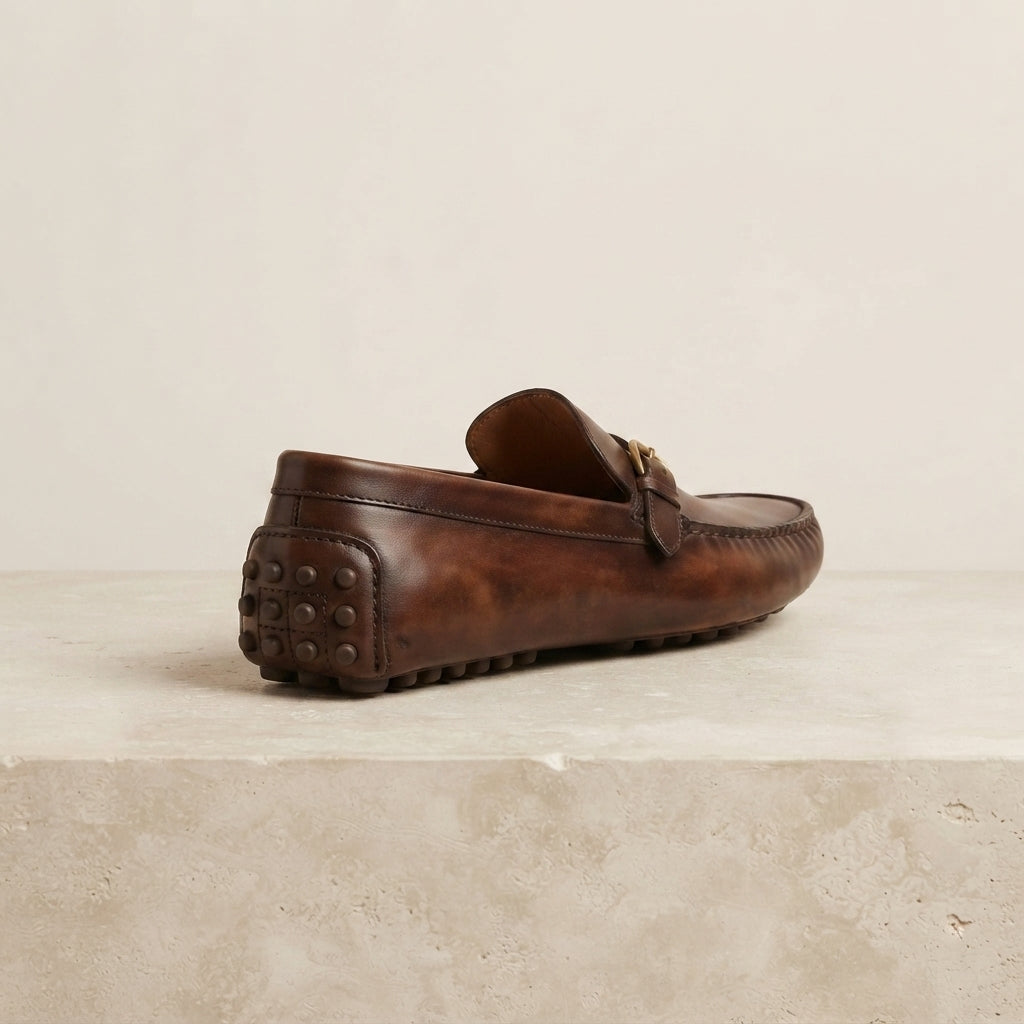 Brown Patina Calf Ponente Driving Shoe with Pebble Rubber Sole – heel view