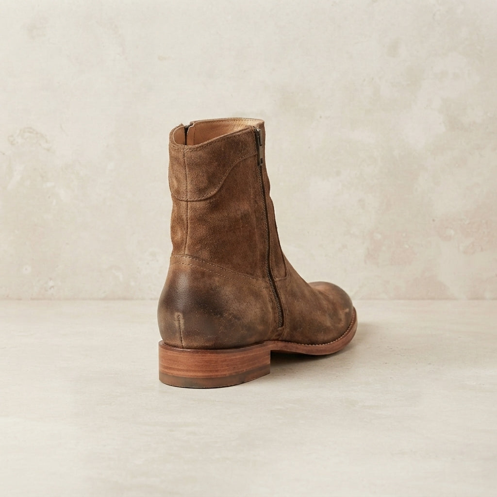 Height Increasing Brown Patina Calf Scirocco Boot with Natural Leather Sole - 3 Inch Hidden Heel – heel view