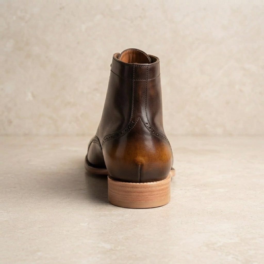 Height Increasing Brown Patina Calf Scirocco Boot with Natural Leather Sole - 3 Inch Hidden Heel – heel view