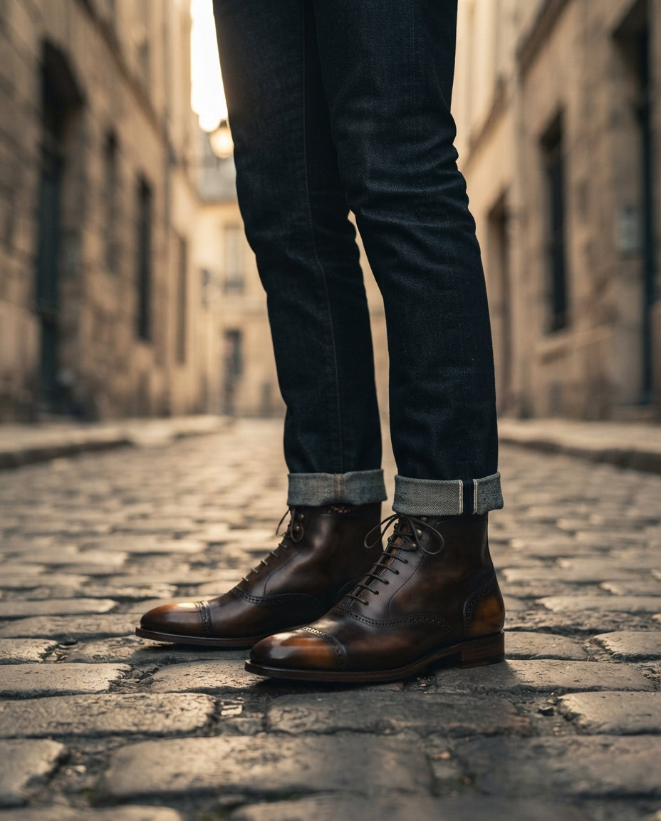 Height Increasing Brown Patina Calf Scirocco Boot with Natural Leather Sole - 3 Inch Hidden Heel – lifestyle