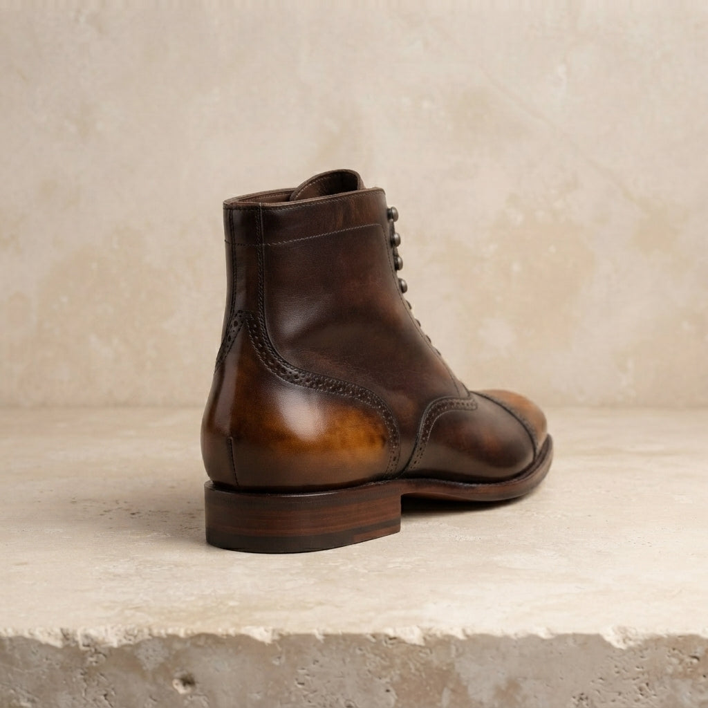 Brown Patina Calf Scirocco Boot with Natural Leather Sole – heel view
