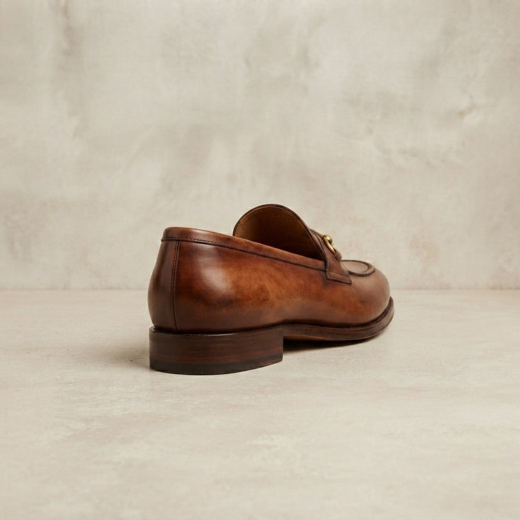 Height Increasing Brown Patina Calf Solaro Horse Bit Loafer with Natural Leather Sole - 3 Inch Hidden Heel – heel view