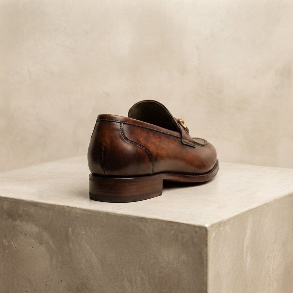 Height Increasing Brown Patina Calf Solaro Horse Bit Loafer with Natural Leather Sole - 3 Inch Hidden Heel – heel view