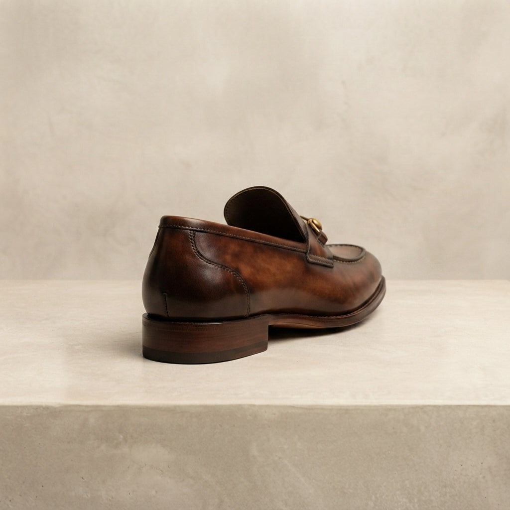 Brown Patina Calf Solaro Horse Bit Loafer with Natural Leather Sole – heel view