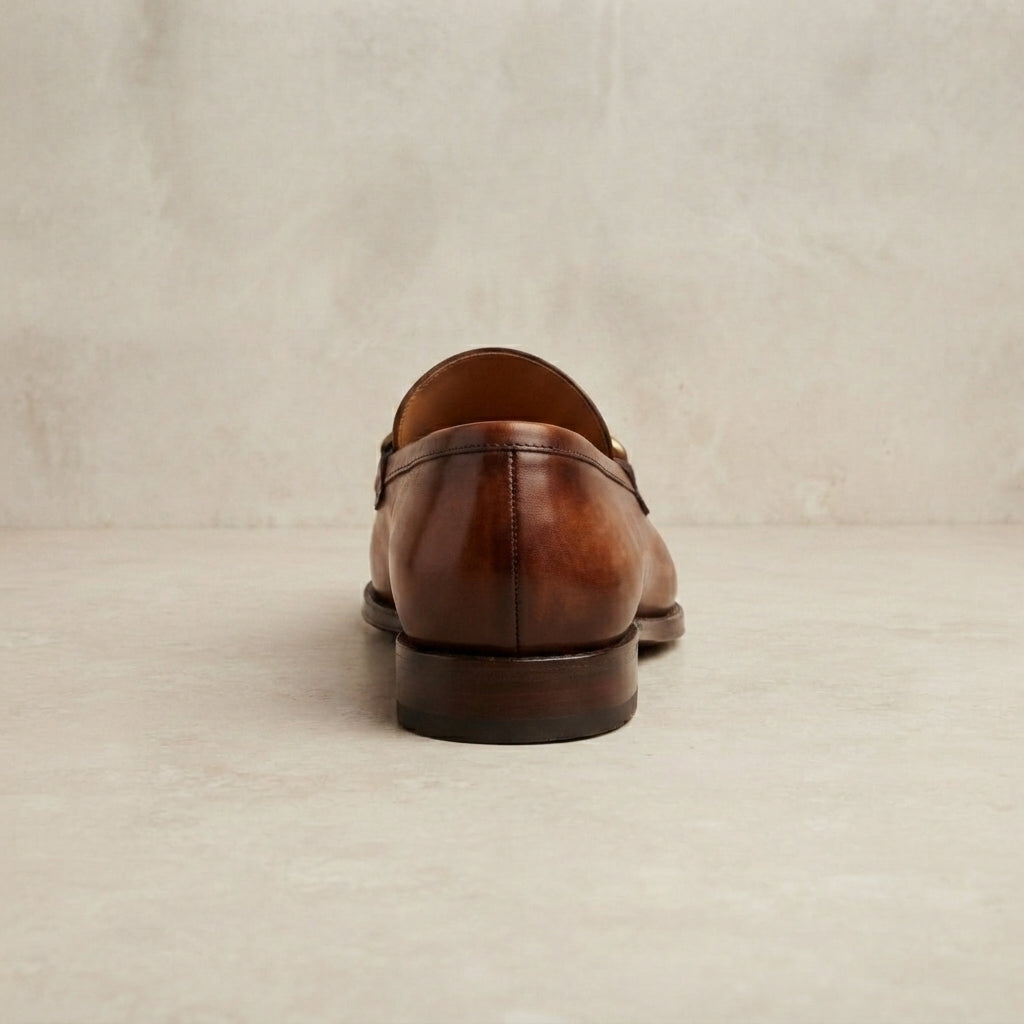 Brown Patina Calf Solaro Horse Bit Loafer with Natural Leather Sole – heel view