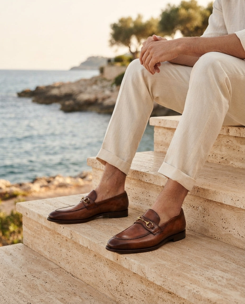 Brown Patina Calf Solaro Horse Bit Loafer with Natural Leather Sole – lifestyle