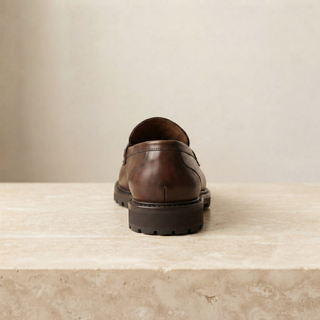Height Increasing Brown Patina Calf Solaro Horse Bit Loafer with Natural Leather Sole - 3 Inch Hidden Heel – heel view