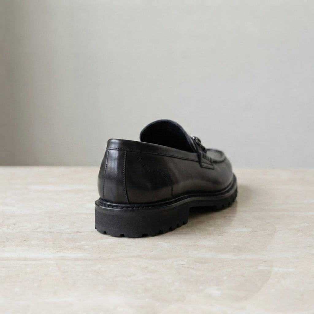 Brown Patina Calf Solaro Horse Bit Loafer with Natural Leather Sole – heel view