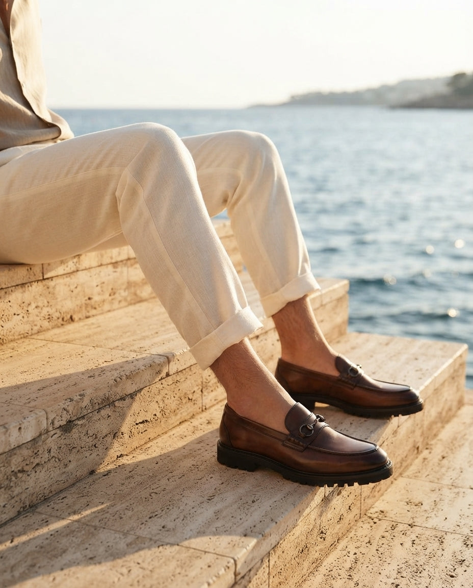 Brown Patina Calf Solaro Horse Bit Loafer with Natural Leather Sole – lifestyle