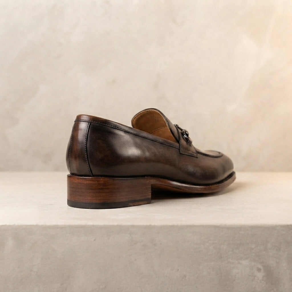 Height Increasing Brown Patina Calf Solaro Horse Bit Loafer with Natural Leather Sole - 3 Inch Hidden Heel – heel view