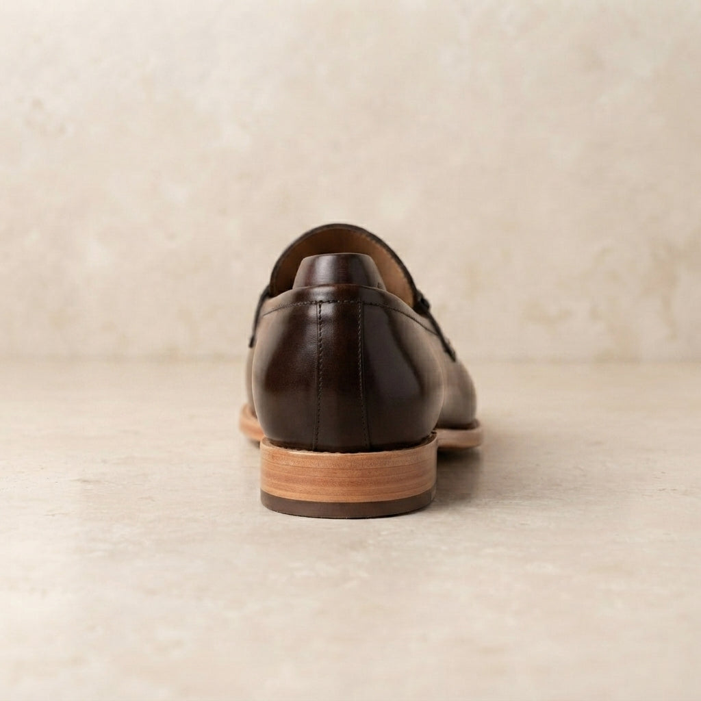 Brown Patina Calf Solaro Horse Bit Loafer with Natural Leather Sole – heel view