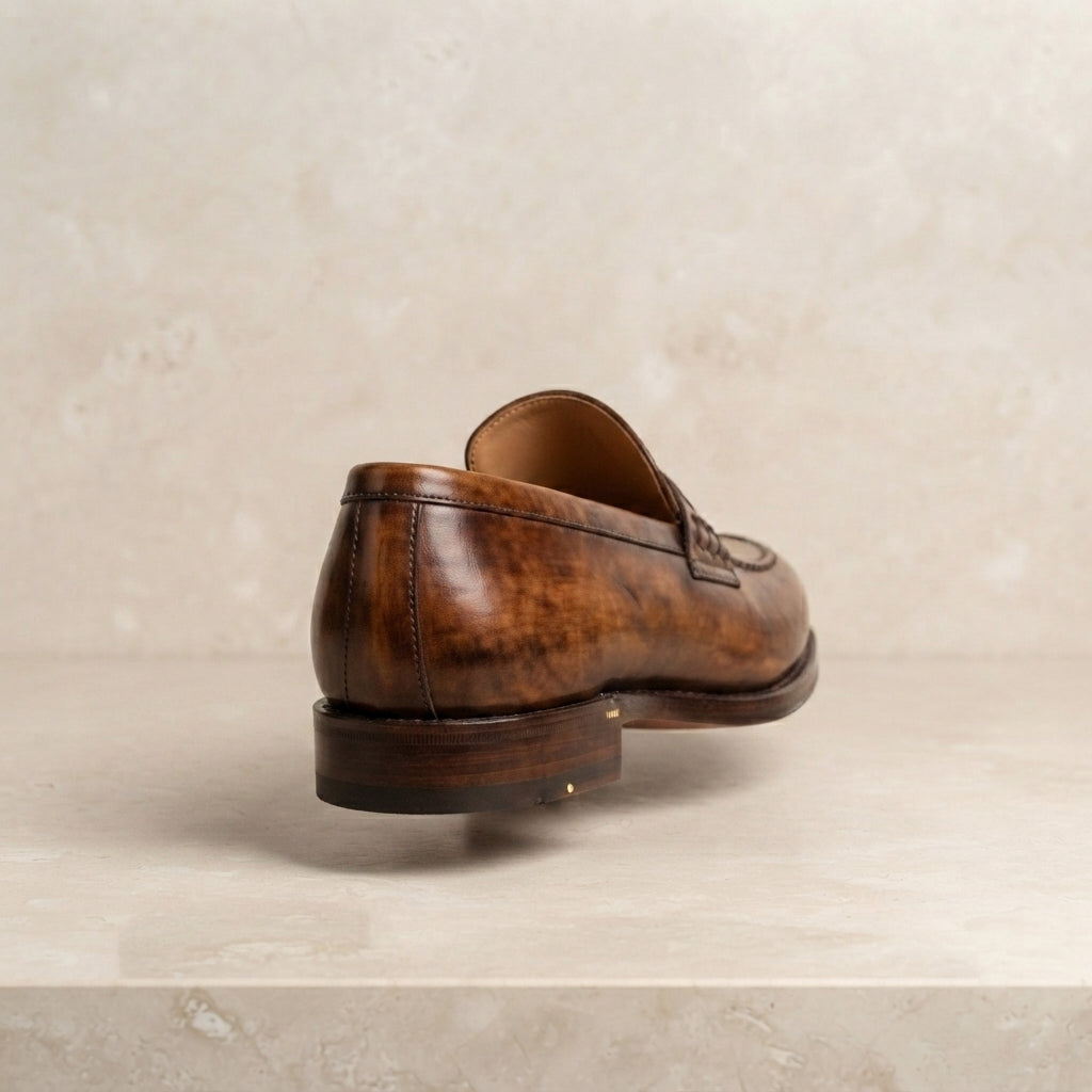 Height Increasing Brown Patina Calf Solaro Horse Bit Loafer with Natural Leather Sole - 3 Inch Hidden Heel – heel view