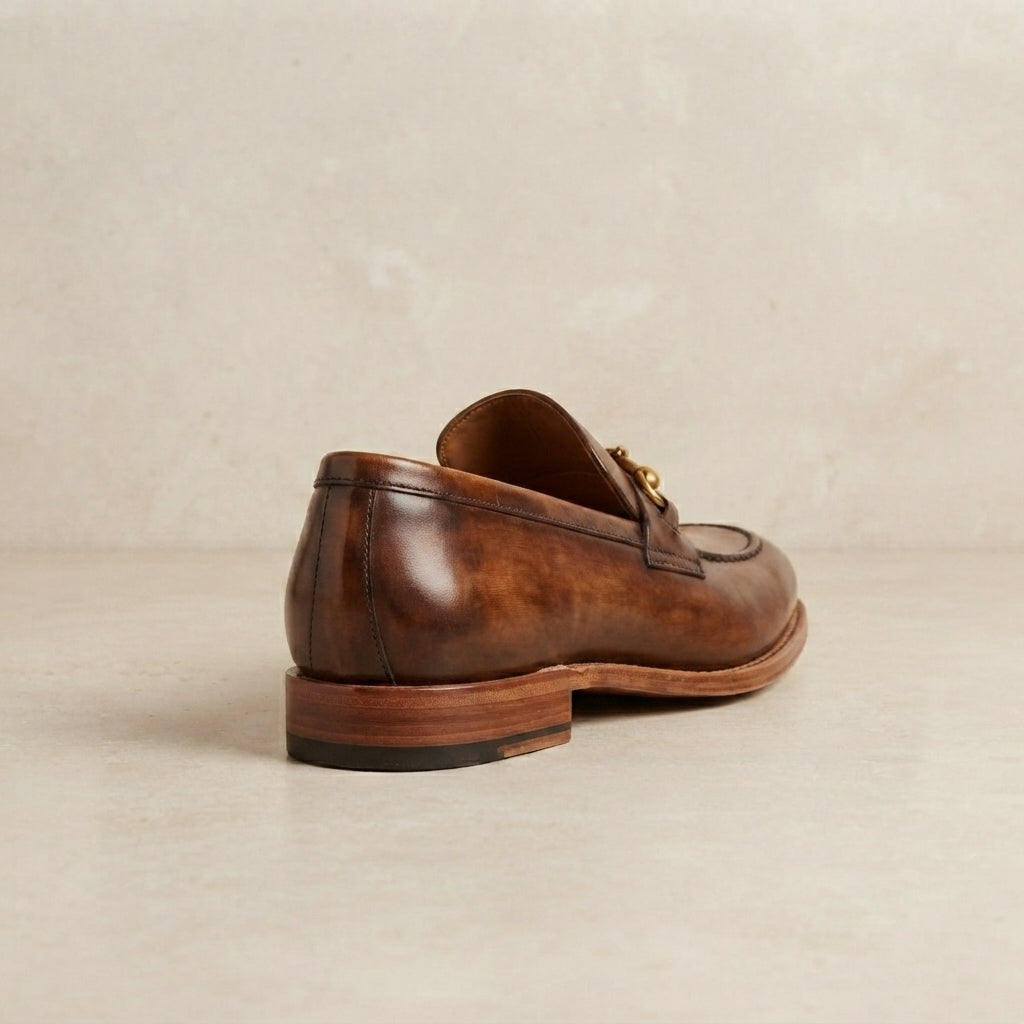 Brown Patina Calf Solaro Horse Bit Loafer with Natural Leather Sole – heel view
