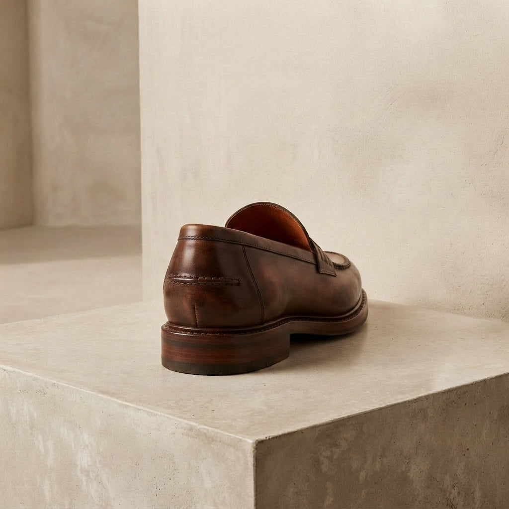 Height Increasing Brown Patina Calf Solaro Horse Bit Loafer with Natural Leather Sole - 3 Inch Hidden Heel – heel view