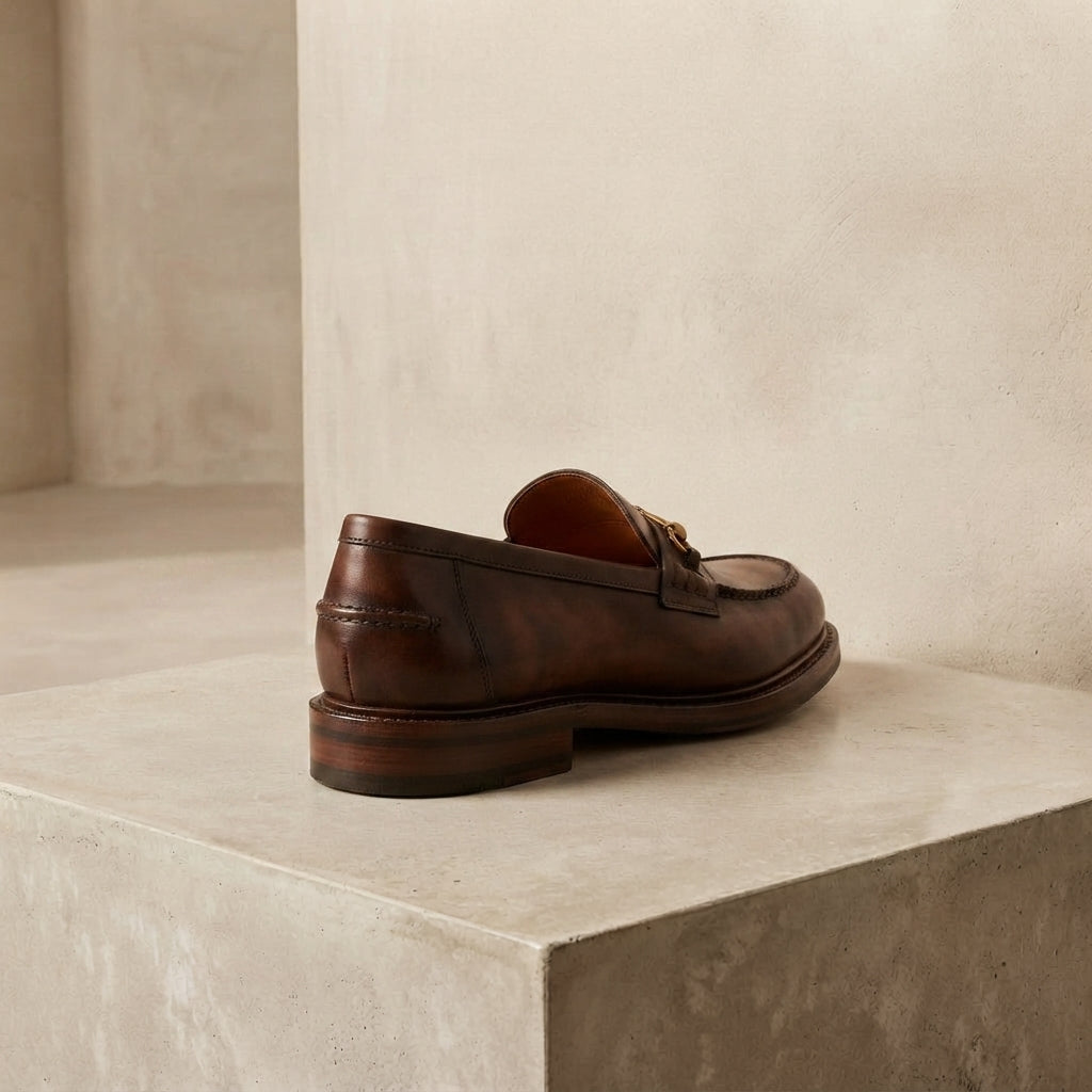 Brown Patina Calf Solaro Horse Bit Loafer with Natural Leather Sole – heel view