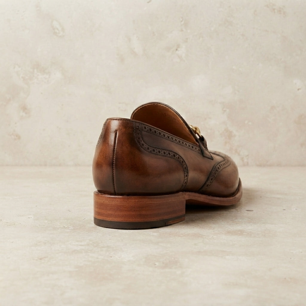 Height Increasing Brown Patina Calf Solaro Wingtip Brogue Oxford with Natural Leather Sole - 3 Inch Hidden Heel – heel view