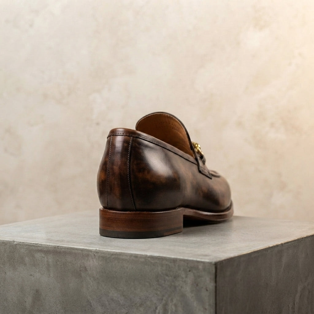 Height Increasing Brown Patina Calf Solaro Cap-Toe Ankle Boot with Natural Leather Sole - 3 Inch Hidden Heel – heel view