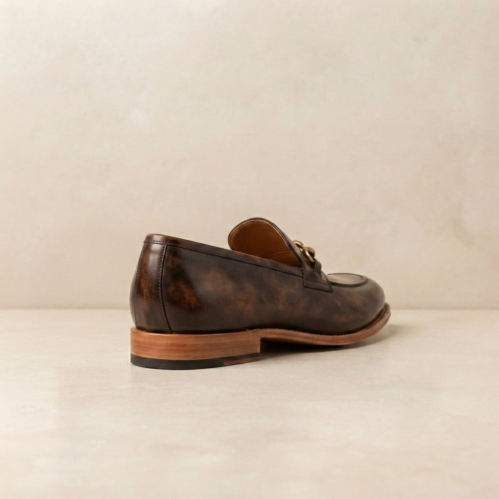 Brown Patina Calf Solaro Cap-Toe Ankle Boot with Natural Leather Sole – heel view