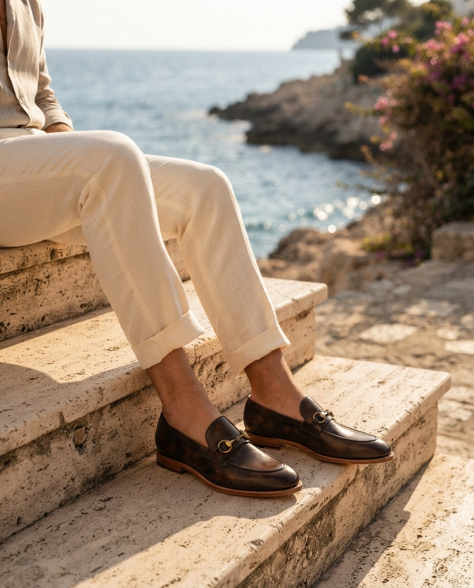 Brown Patina Calf Solaro Cap-Toe Ankle Boot with Natural Leather Sole – lifestyle