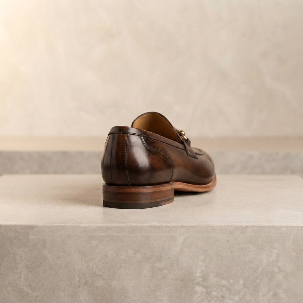 Height Increasing Brown Patina Calf Solaro Cap-Toe Oxford with Natural Leather Sole - 3 Inch Hidden Heel – heel view