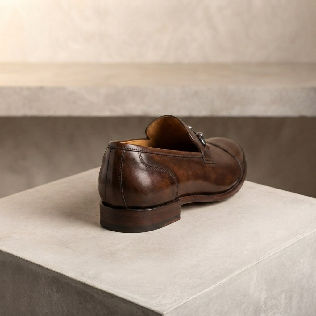 Brown Patina Calf Solaro Cap-Toe Oxford with Natural Leather Sole – heel view