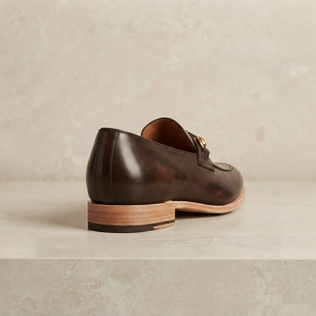 Height Increasing Brown Patina Calf Solaro Single Monk Strap with Natural Leather Sole - 3 Inch Hidden Heel – heel view