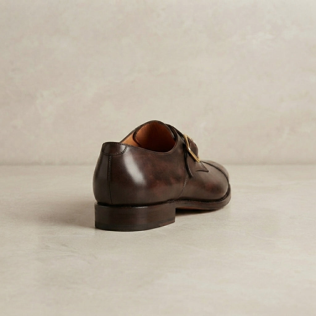 Brown Patina Calf Solaro Single Monk Strap with Natural Leather Sole – heel view
