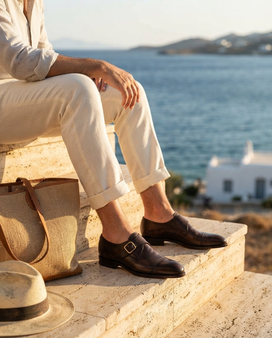 Brown Patina Calf Solaro Single Monk Strap with Natural Leather Sole – lifestyle