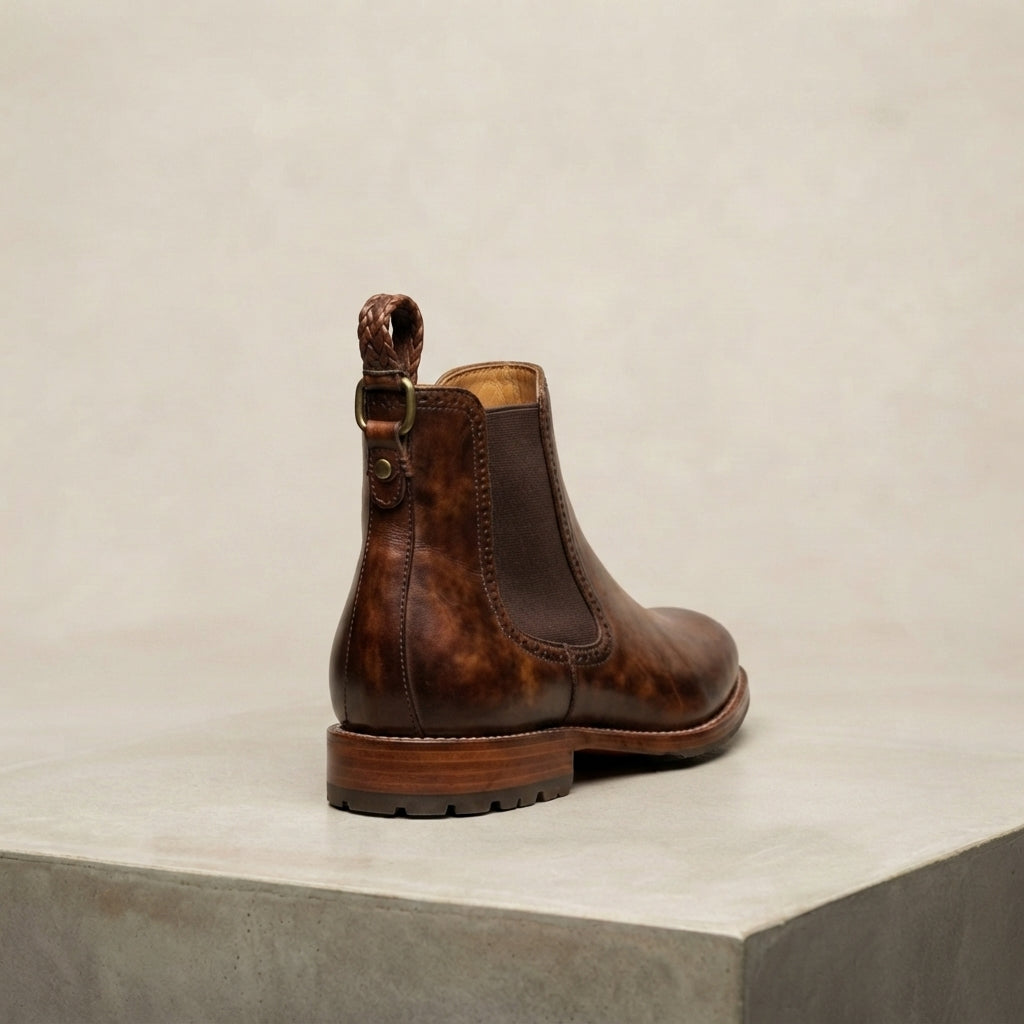 Height Increasing Brown Patina Calf Tramontana Chelsea Boot with Natural Leather Sole - 3 Inch Hidden Heel – heel view