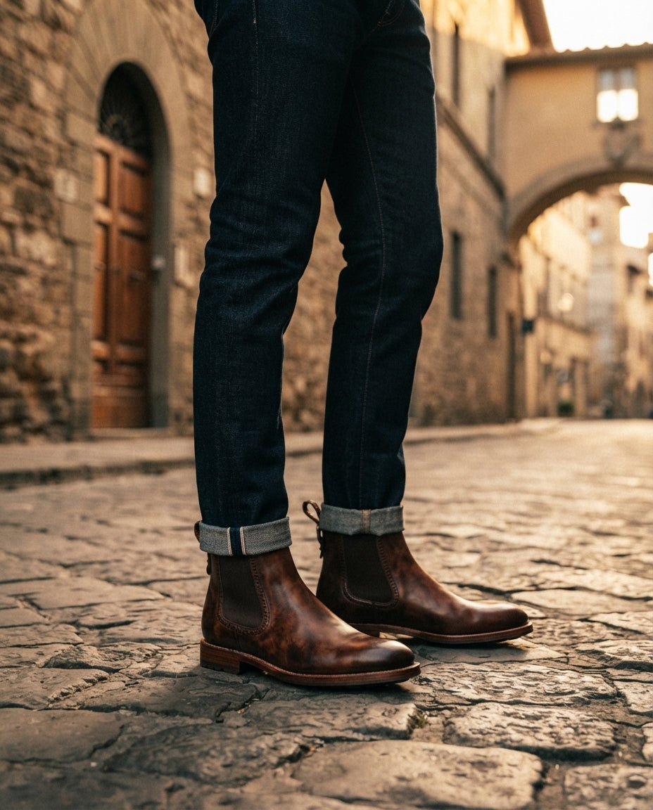 Height Increasing Brown Patina Calf Tramontana Chelsea Boot with Natural Leather Sole - 3 Inch Hidden Heel – lifestyle