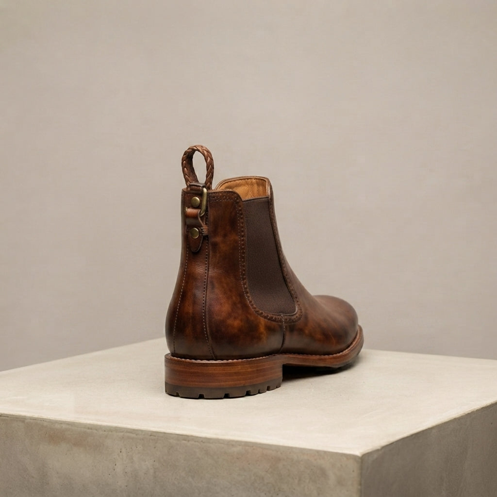 Brown Patina Calf Tramontana Chelsea Boot with Natural Leather Sole – heel view