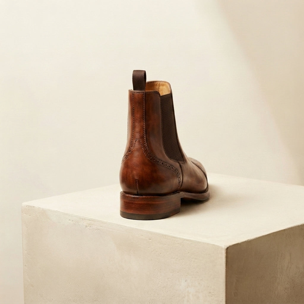 Height Increasing Brown Patina Calf Tramontana Chelsea Boot with Natural Leather Sole - 3 Inch Hidden Heel – heel view
