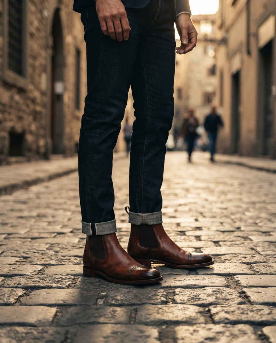Height Increasing Brown Patina Calf Tramontana Chelsea Boot with Natural Leather Sole - 3 Inch Hidden Heel – lifestyle