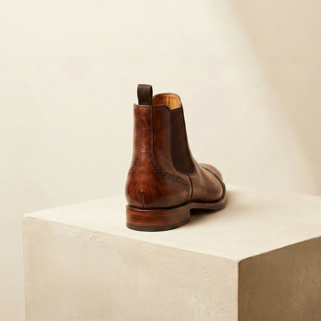 Brown Patina Calf Tramontana Chelsea Boot with Natural Leather Sole – heel view