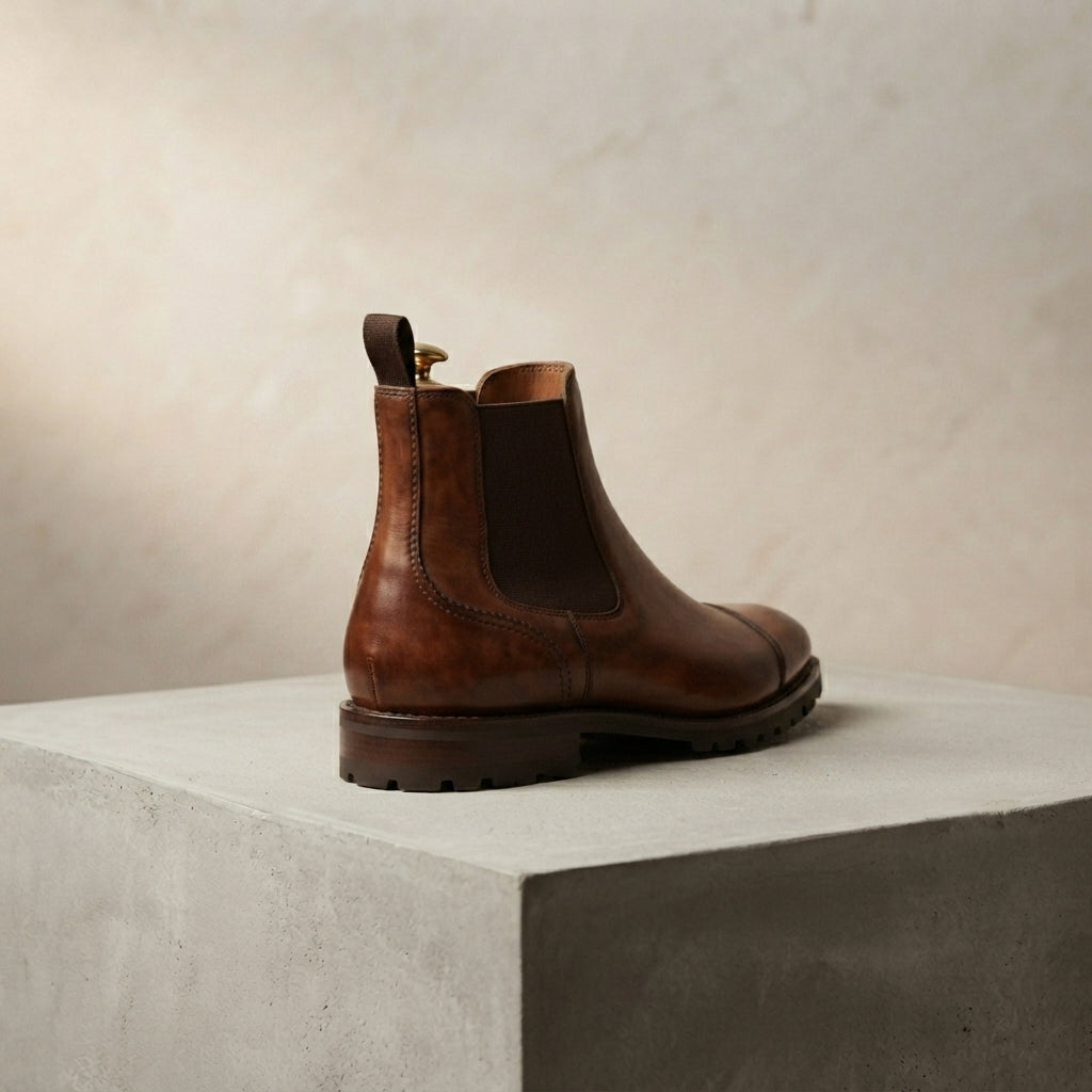 Height Increasing Brown Patina Calf Tramontana Chelsea Boot with Natural Leather Sole - 3 Inch Hidden Heel – heel view