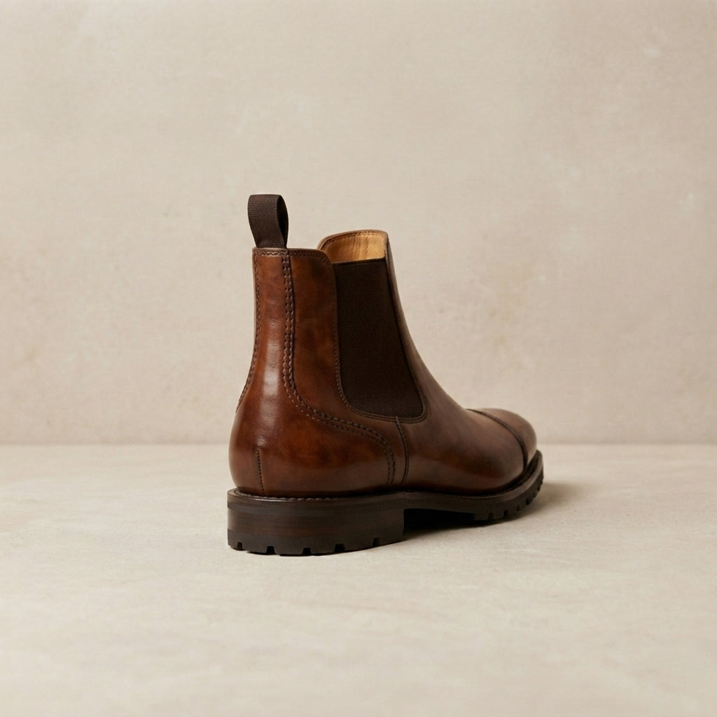Brown Patina Calf Tramontana Chelsea Boot with Natural Leather Sole – heel view