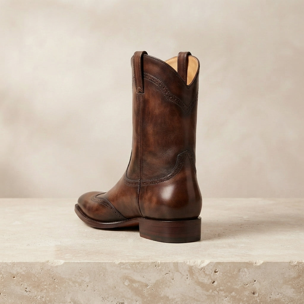 Height Increasing Brown Patina Leather Burrasca Cowboy Boot with Natural Leather Sole - 3 Inch Hidden Heel – heel view