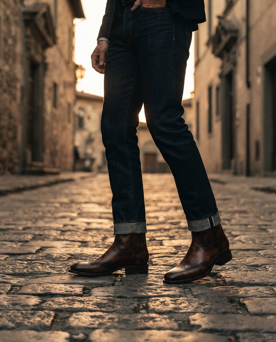 Height Increasing Brown Patina Leather Burrasca Cowboy Boot with Natural Leather Sole - 3 Inch Hidden Heel – lifestyle