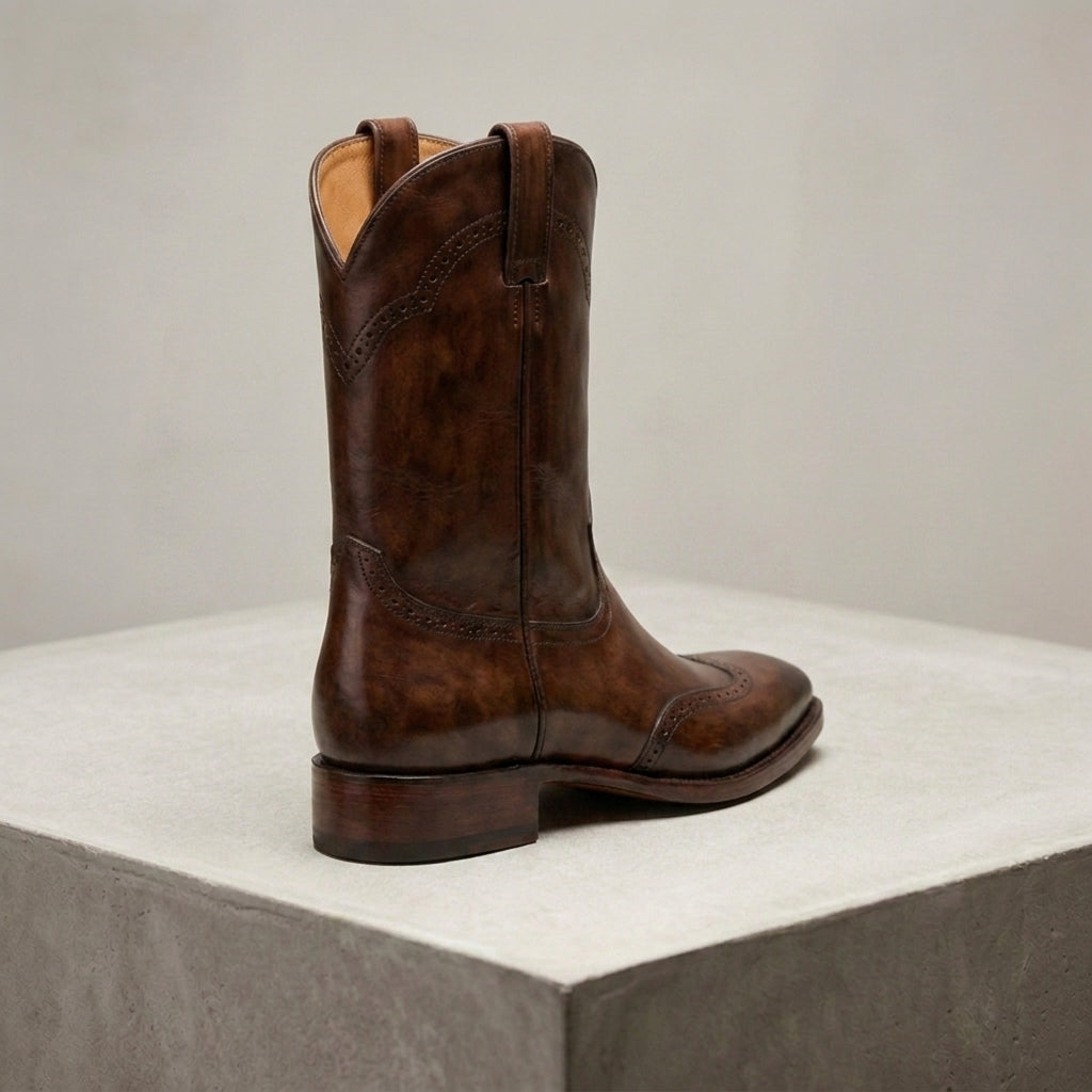 Brown Patina Leather Burrasca Cowboy Boot with Natural Leather Sole – heel view