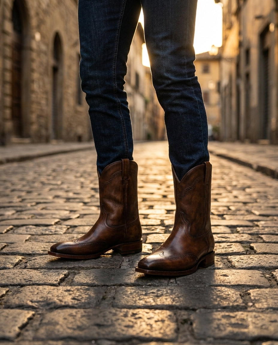Brown Patina Leather Burrasca Cowboy Boot with Natural Leather Sole – lifestyle