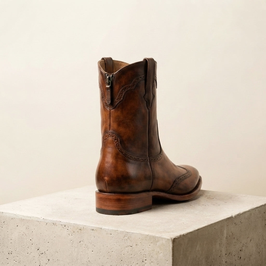 Height Increasing Brown Patina Leather Burrasca Zipper Cowboy Boot with Natural Leather Sole - 3 Inch Hidden Heel – heel view