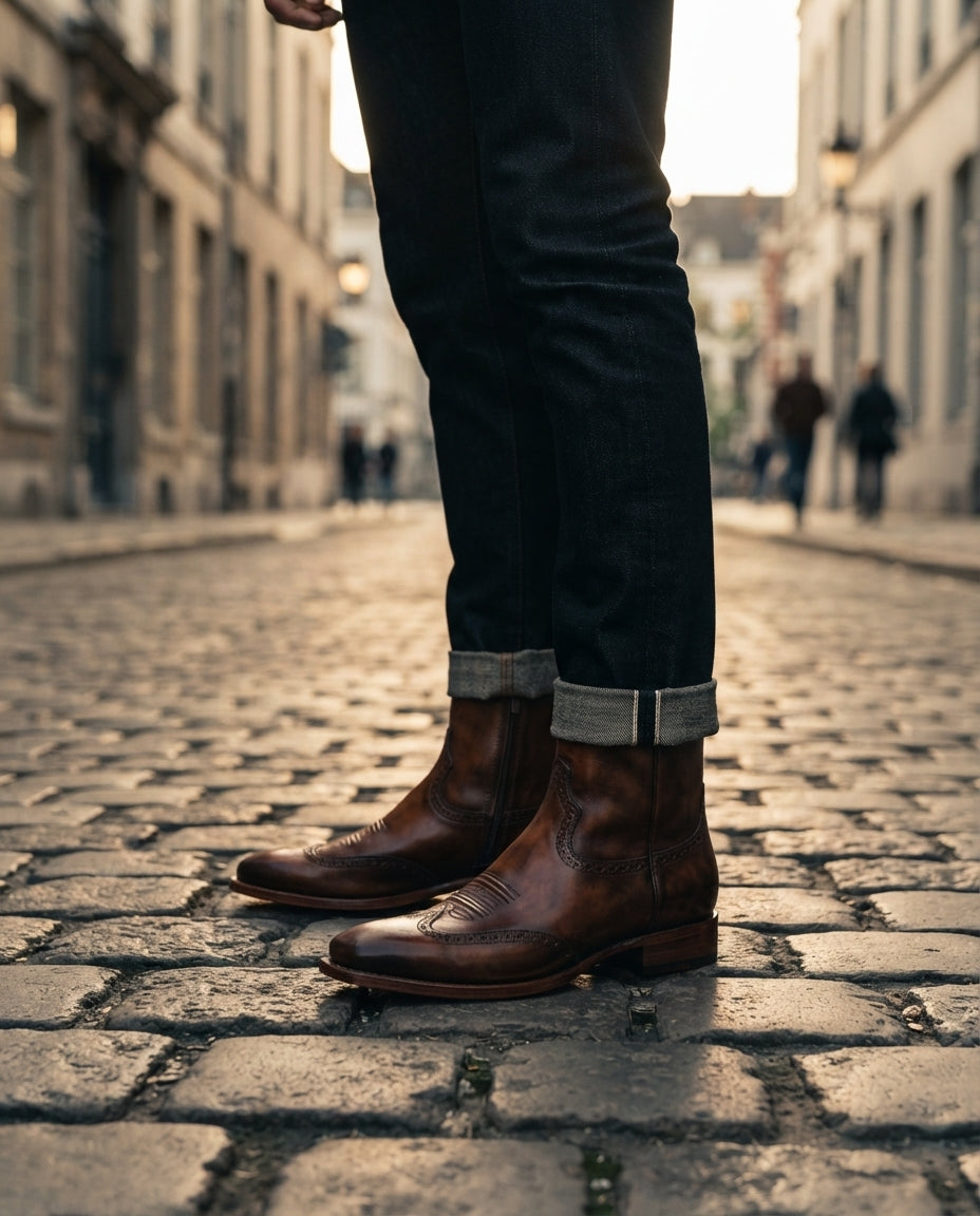 Height Increasing Brown Patina Leather Burrasca Zipper Cowboy Boot with Natural Leather Sole - 3 Inch Hidden Heel – lifestyle