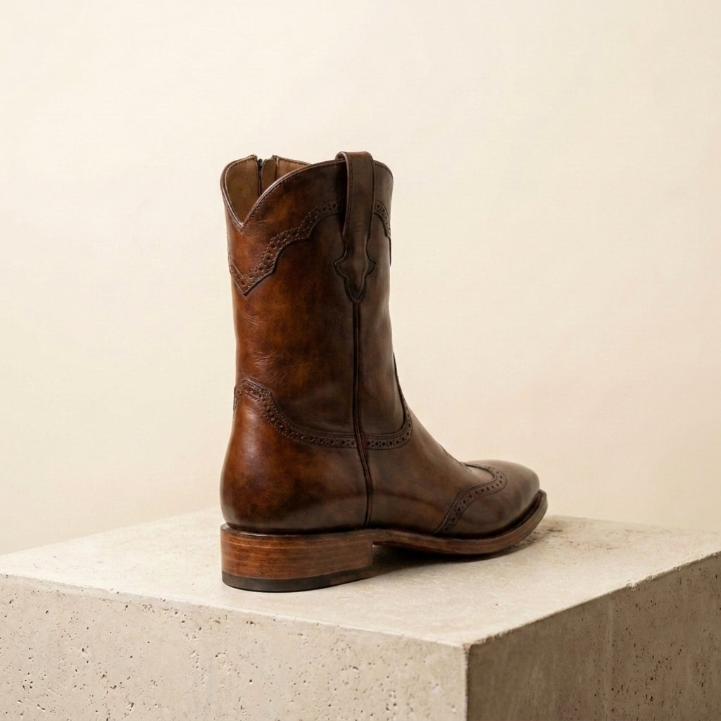Brown Patina Leather Burrasca Zipper Cowboy Boot with Natural Leather Sole – heel view