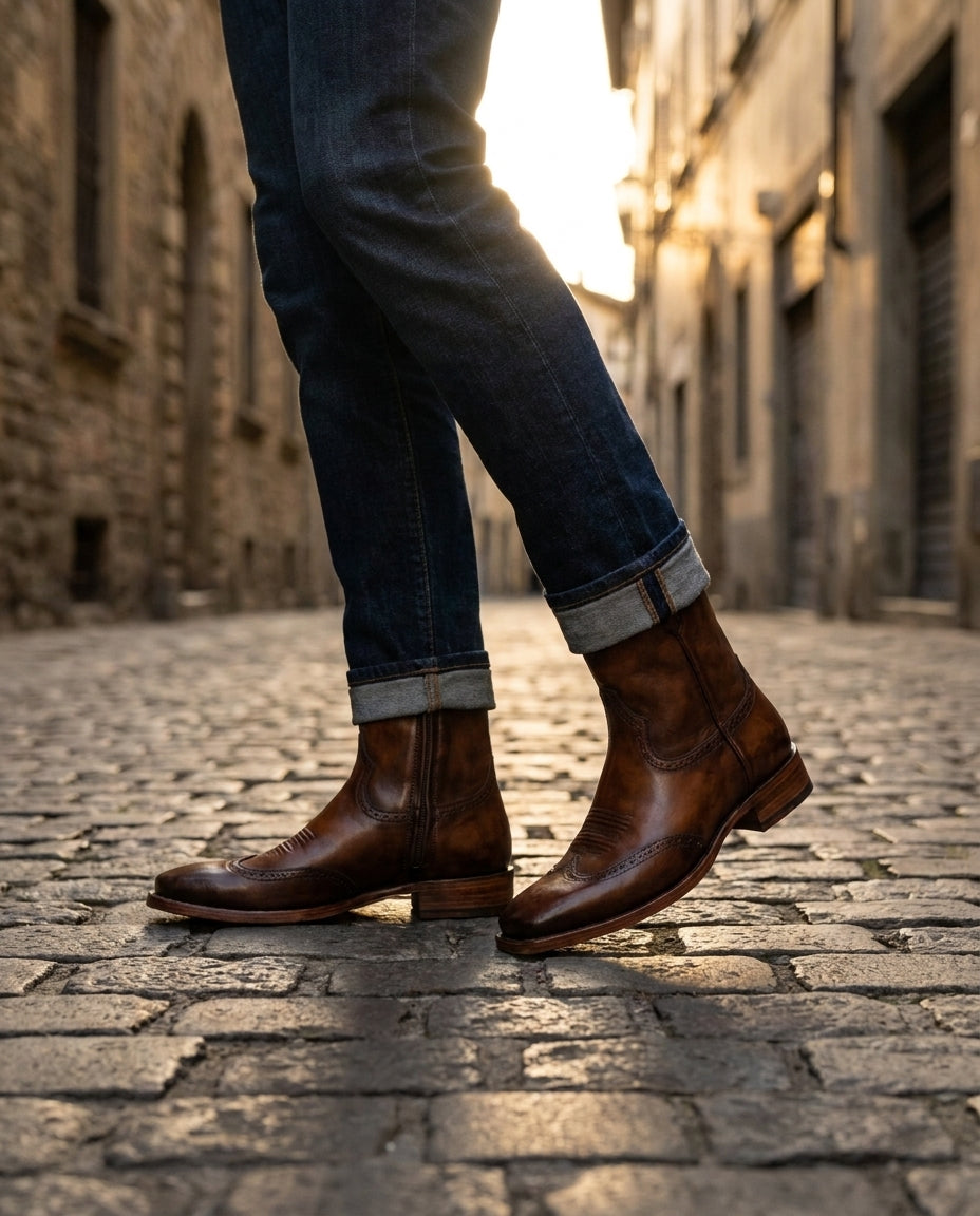 Brown Patina Leather Burrasca Zipper Cowboy Boot with Natural Leather Sole – lifestyle