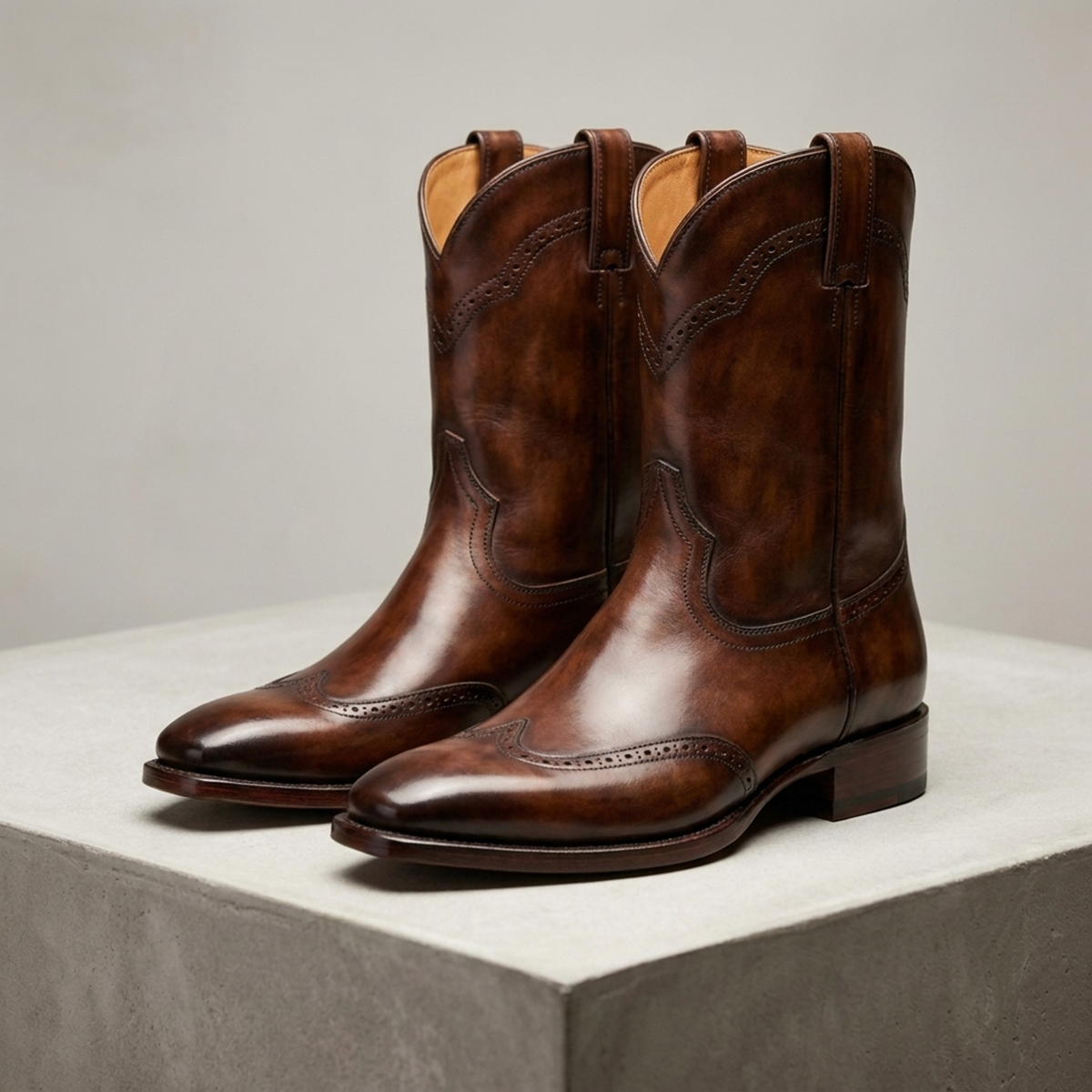 Brown Patina Leather Burrasca Cowboy Boot with Natural Leather Sole