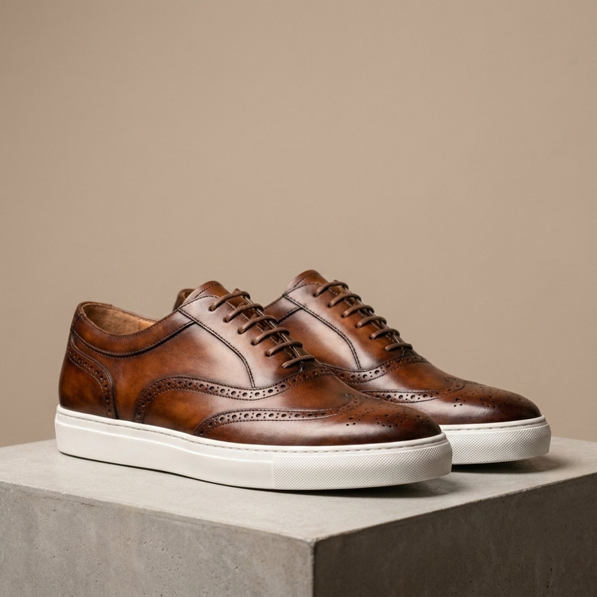 Height Increasing Brown Patina Leather Bellagio Lace-Up Sneaker with White Cup Sole - 3 Inch Hidden Heel