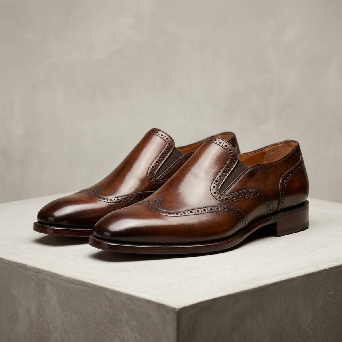 Height Increasing Brown Patina Leather Varenna Wingtip Slip-On - 3 Inch Hidden Heel